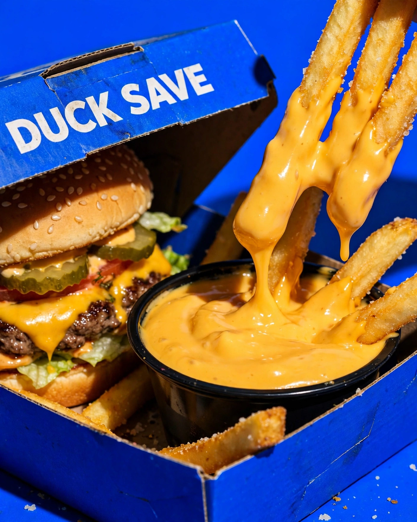 Food &ndash; Burger mit Fries und Cheese-Dip