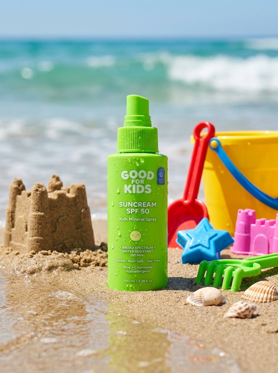 Beauty-Produktfoto Sonnenschutz am Strand – Anwendungsbild für Social Media