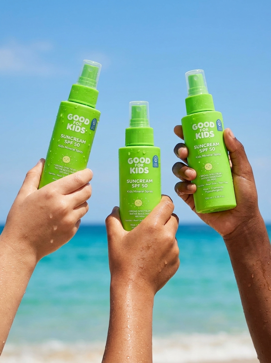 Beauty-Kampagnenbild mit Sonnenspray am Meer – Lifestyle-Motiv für die Sommer-Kampagne