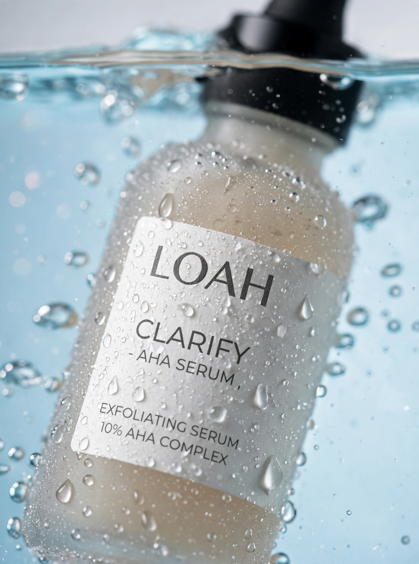 Beauty-Makroaufnahme der Serum-Flasche mit Wassertropfen – Detailbild für die Produktseite
