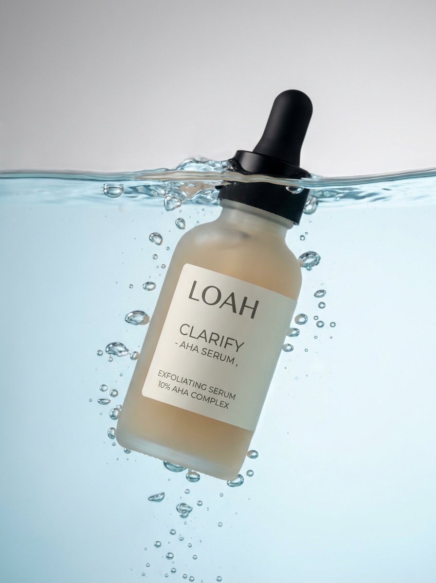 Beauty-Produktfoto eines AHA-Serums unter Wasser – Hero-Bild für Shop und Ads